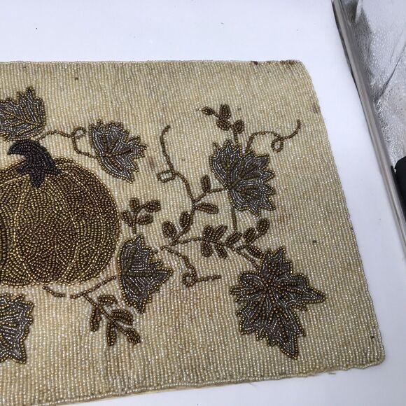 PIER 1 IMPORTS Beaded Table Runner Fall Autumn Thanksgiving 35”x13” Pumpkin Leaf - Picture 4 of 11